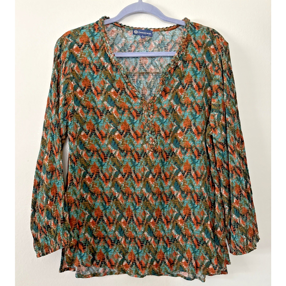 Democracy Womens L Top Colorful Orange Green Geometric Braided V-Neck 3/4 Sleeve